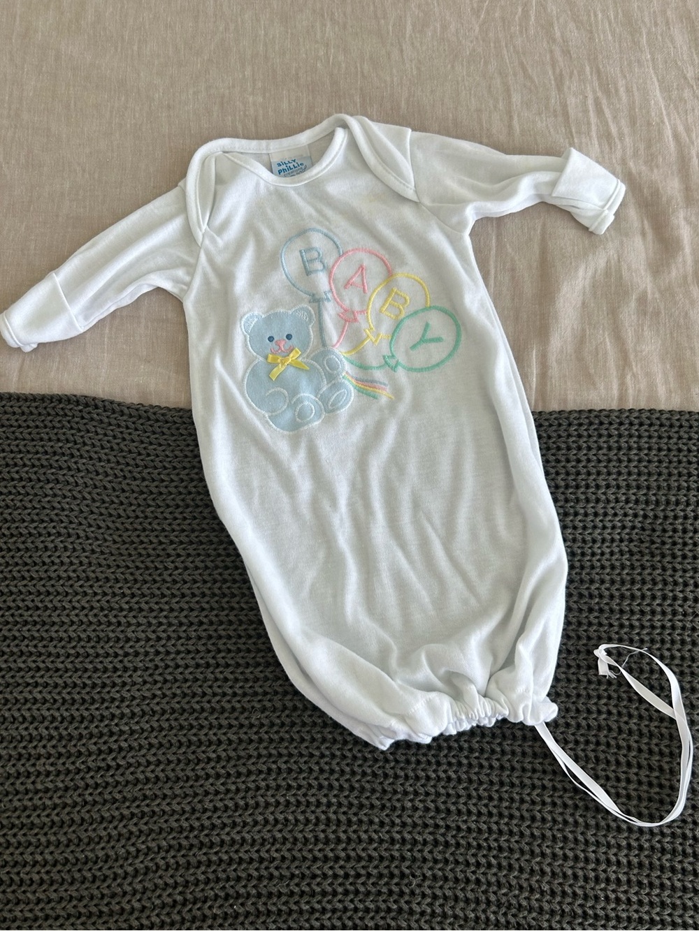 Vintage Silly Phillie Baby Gown with Pastel Embroidered Teddy & Balloons